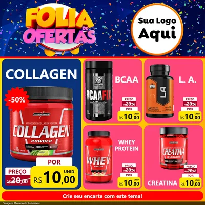 Modelo de Rede Social para Feed Facebook com o tema Folia de Ofertas para Suplementos alimentares