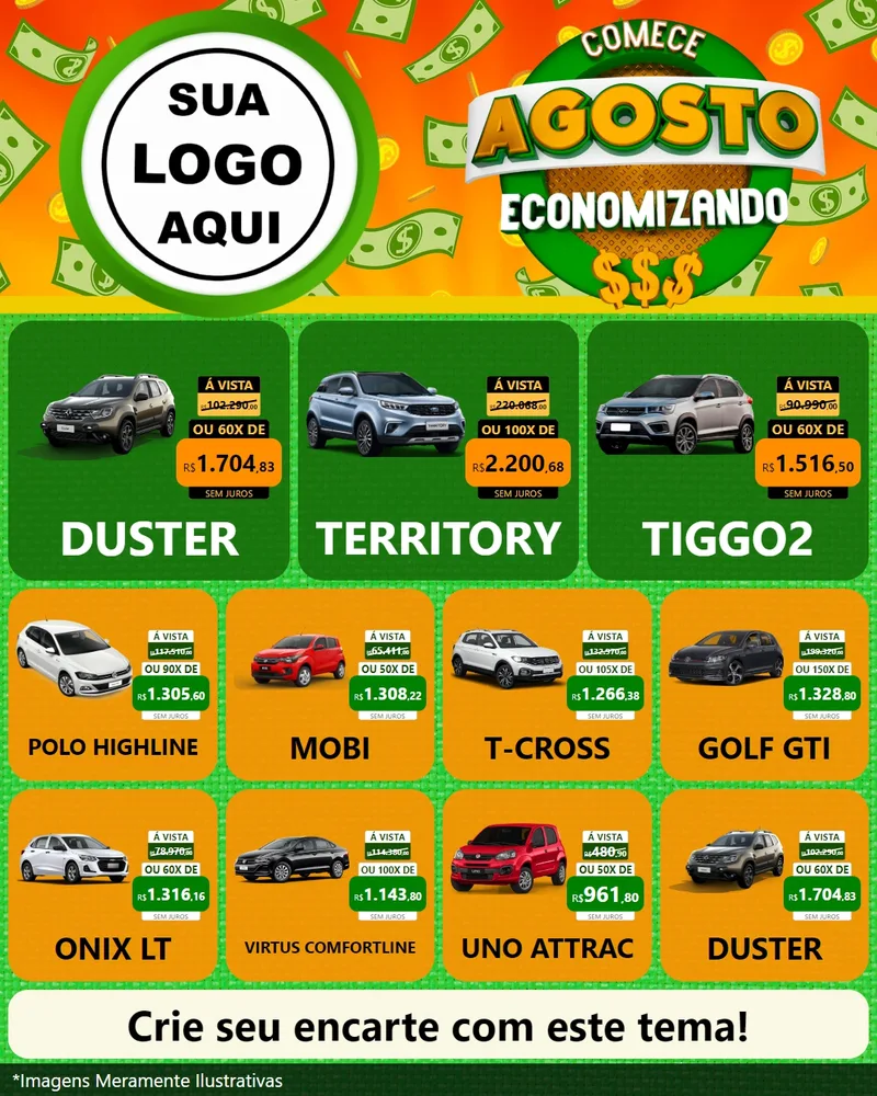 Modelo de Rede Social para Feed Instagram com o tema Comece Agosto Economizando para Concessionaria de Carros