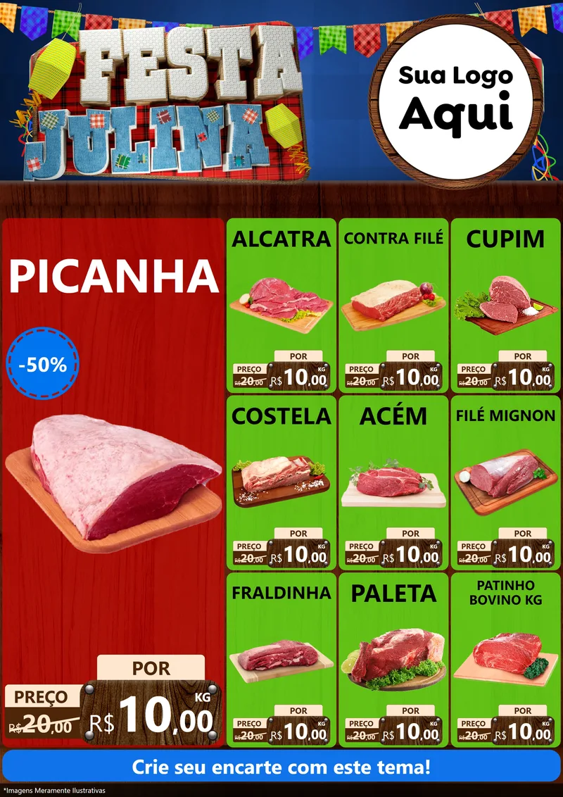 Modelo de Encarte para Encarte A4 Vertical com o tema Festa Julina para Açougue