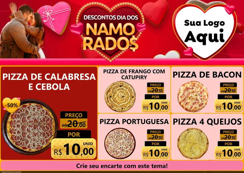 Modelo de Encarte para Encarte A4 Horizontal com o tema Descontos Dia dos Namorados para Pizzaria