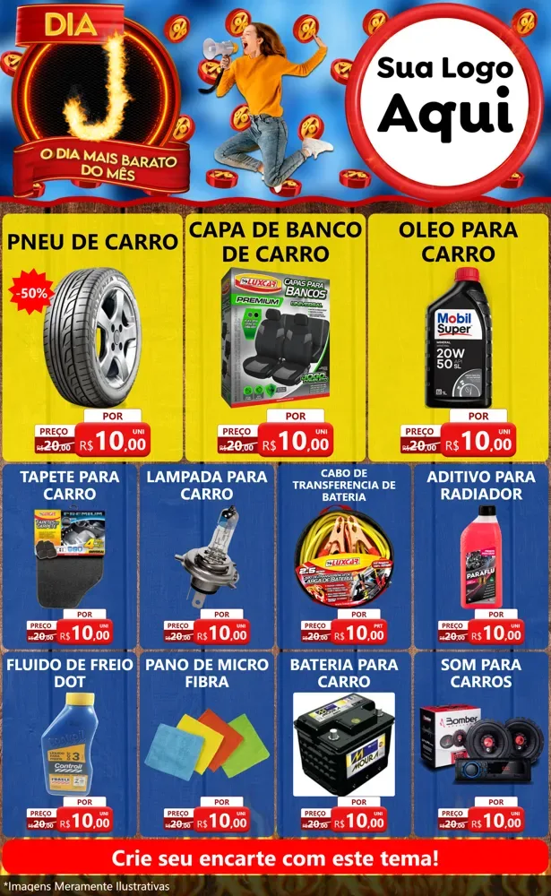 Modelo de Encarte para Encarte Grande com o tema Dia J - O Dia Mais Barato Do Mês para Auto peças