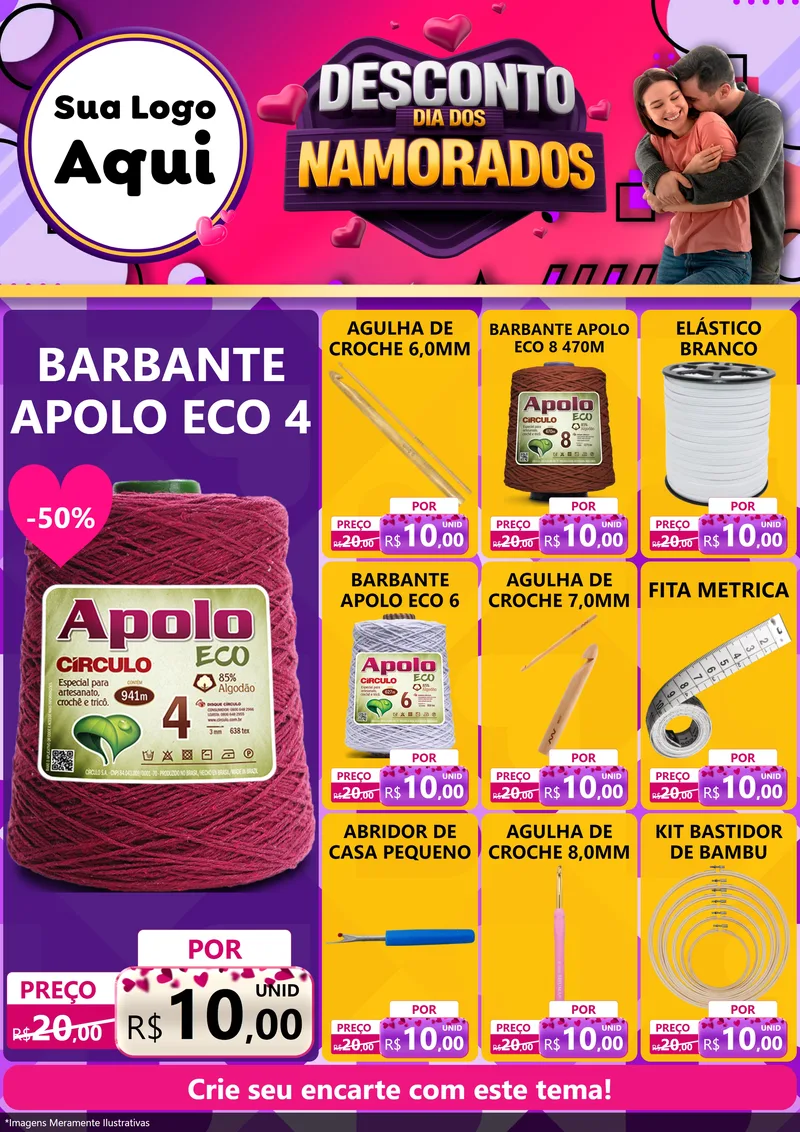 Modelo de Encarte para Encarte A4 Vertical com o tema Desconto Dia dos Namorados para Armarinho e Aviamentos