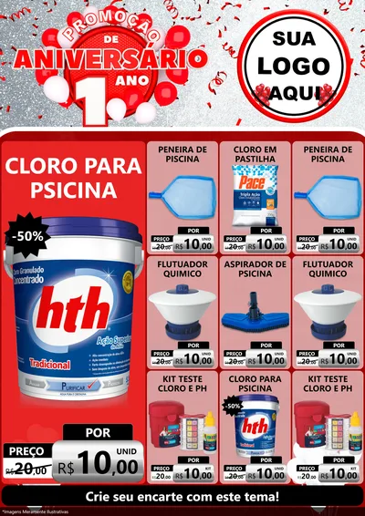 Modelo de Encarte para Encarte A4 Vertical com o tema Promoção de Aniversário - 1 Ano para Produtos para Piscina