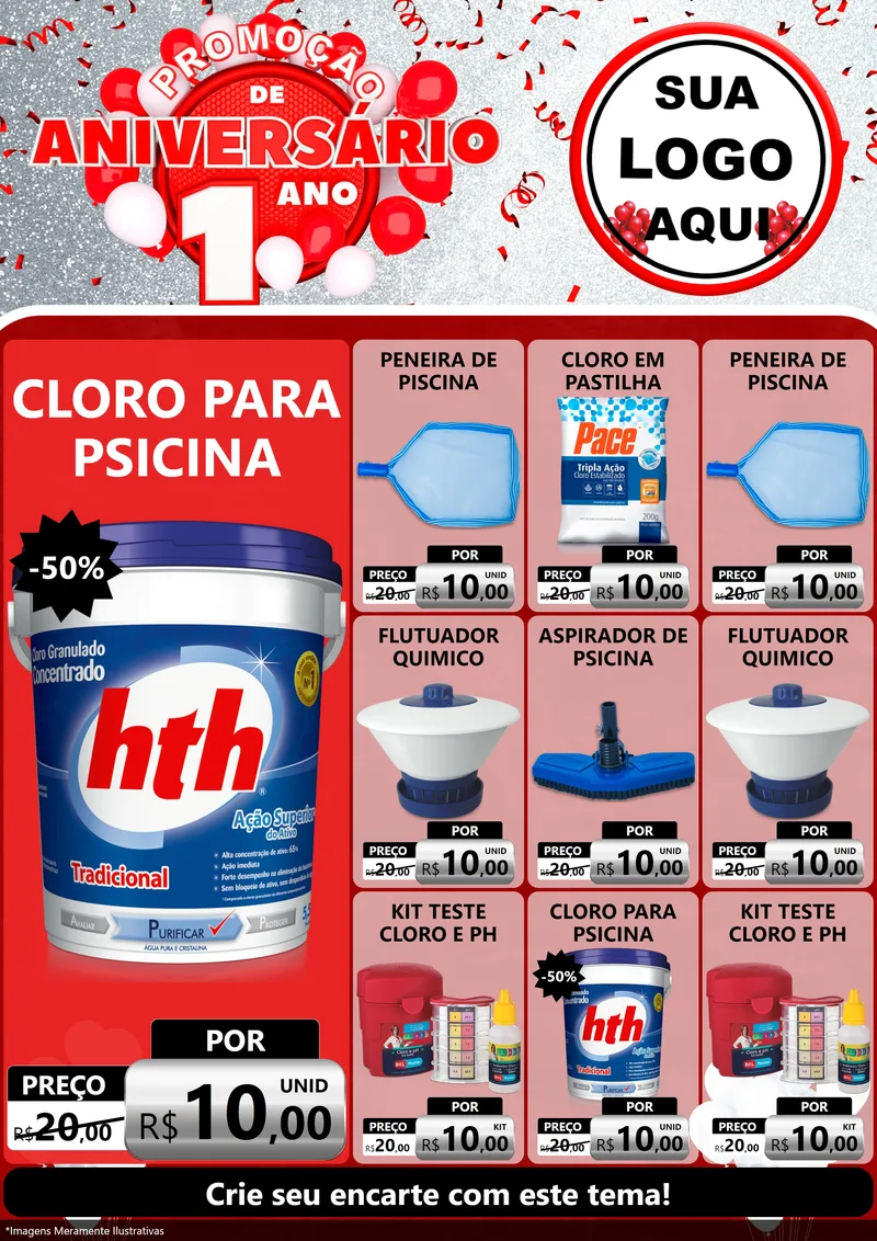Modelo de Encarte para Encarte A4 Vertical com o tema Promoção de Aniversário - 1 Ano para Produtos para Piscina