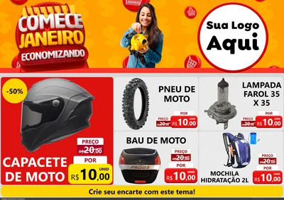 Modelo de Encarte para Encarte A4 Horizontal com o tema Comece Janeiro Economizando para Moto peças