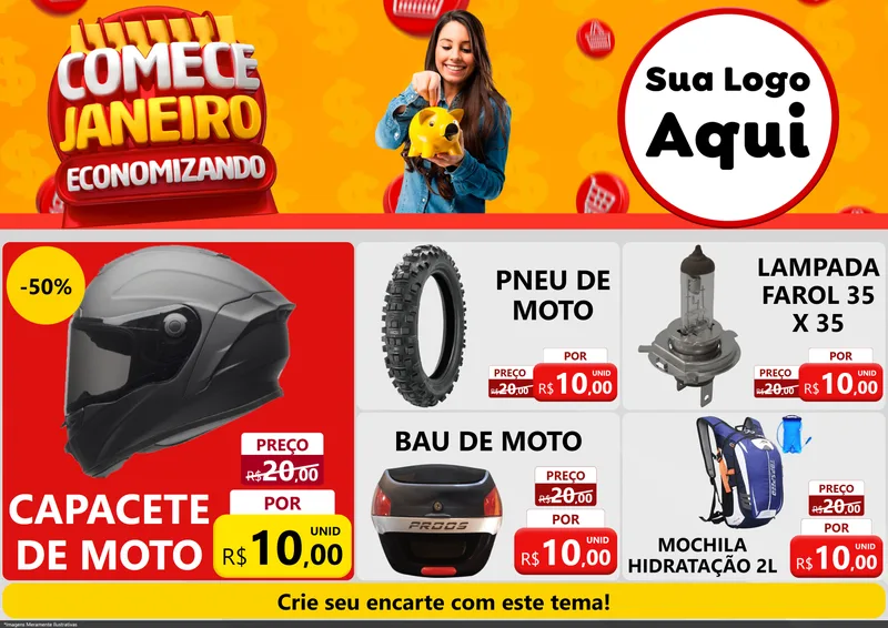 Modelo de Encarte para Encarte A4 Horizontal com o tema Comece Janeiro Economizando para Moto peças