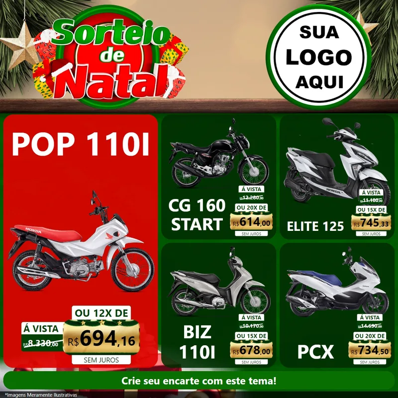 Modelo de Rede Social para Feed Facebook com o tema Sorteio de Natal para Concessionaria de Motos