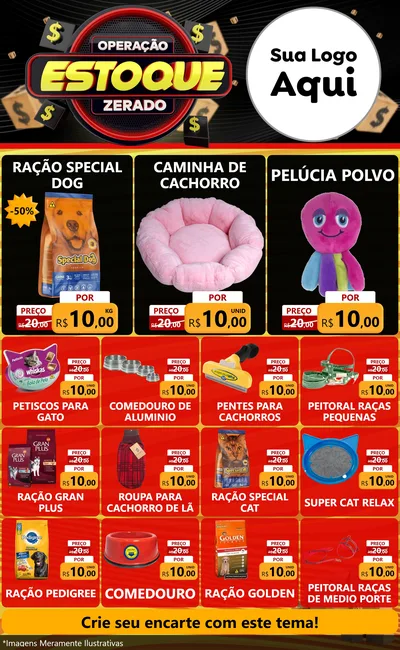 Modelo de Encarte para Encarte Grande com o tema Operação Estoque Zerado para Pet Shop