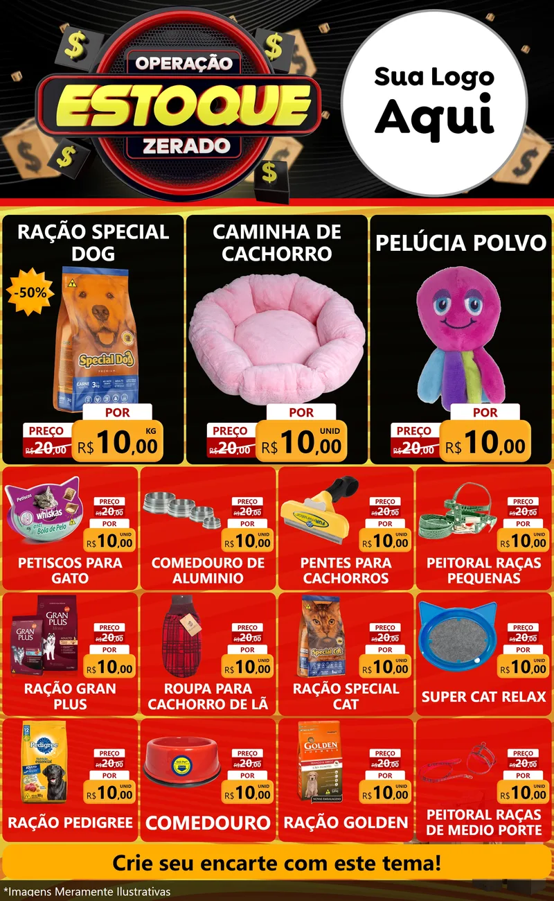 Modelo de Encarte para Encarte Grande com o tema Operação Estoque Zerado para Pet Shop