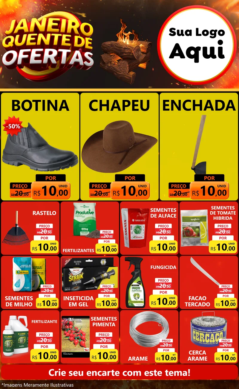 Modelo de Encarte para Encarte Grande com o tema Janeiro Quente de Ofertas para Agropecuária