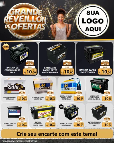 Modelo de Rede Social para Feed Instagram com o tema Grande Réveillon de Ofertas para Baterias Elétricas