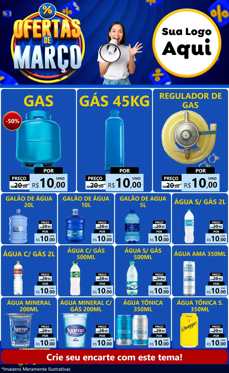 Modelo de Encarte para Encarte Grande com o tema Ofertas de Março para Água e gás