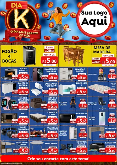 Modelo de Encarte para Encarte A4 Vertical com o tema Dia K - O Dia Mais Barato Do Mês para Móveis e Eletro