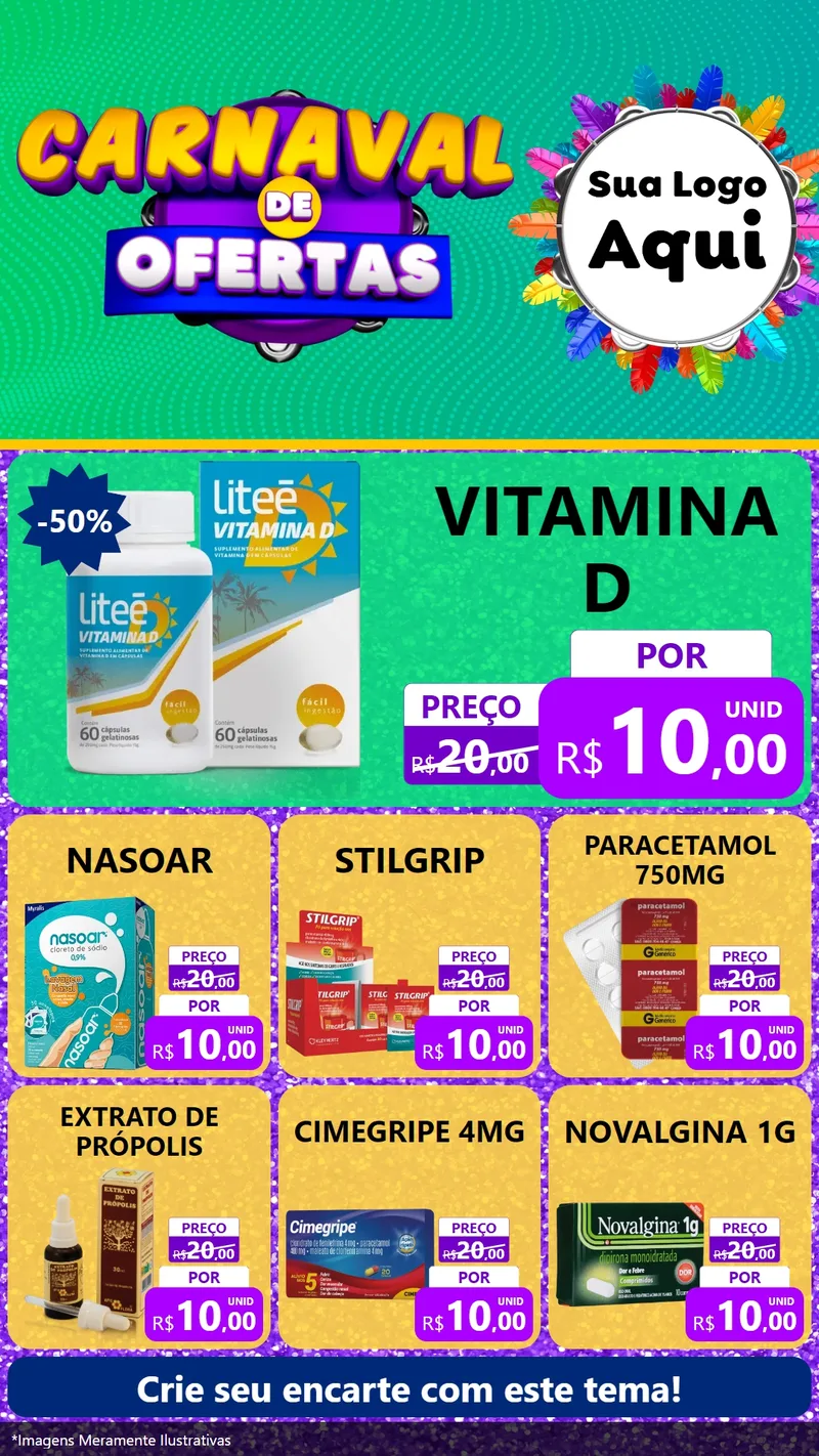 Modelo de Rede Social para Stories com o tema Carnaval de Ofertas para Farmácia