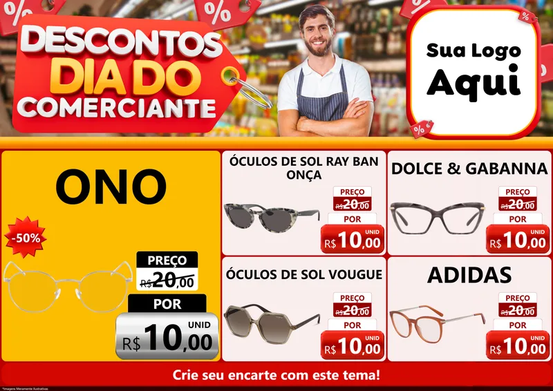 Modelo de Encarte para Encarte A4 Horizontal com o tema Descontos Dia do Comerciante para Óticas