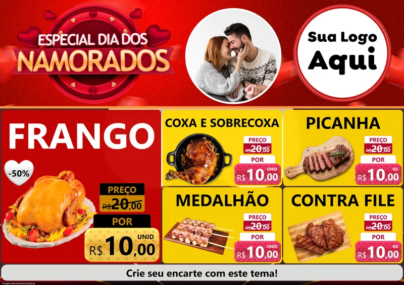 Modelo de Encarte para Encarte A4 Horizontal com o tema Especial Dia Dos Namorados para Assados