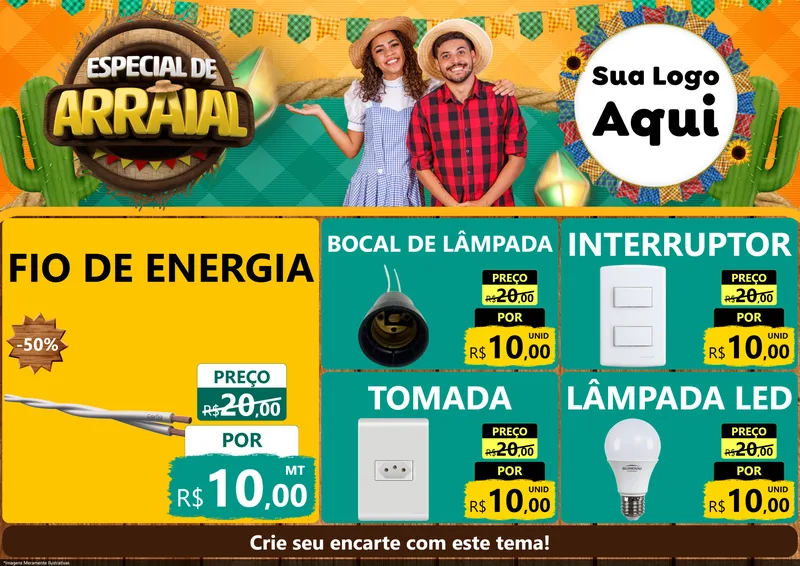 Modelo de Encarte para Encarte A4 Horizontal com o tema Especial De Arraial para Materiais Elétricos