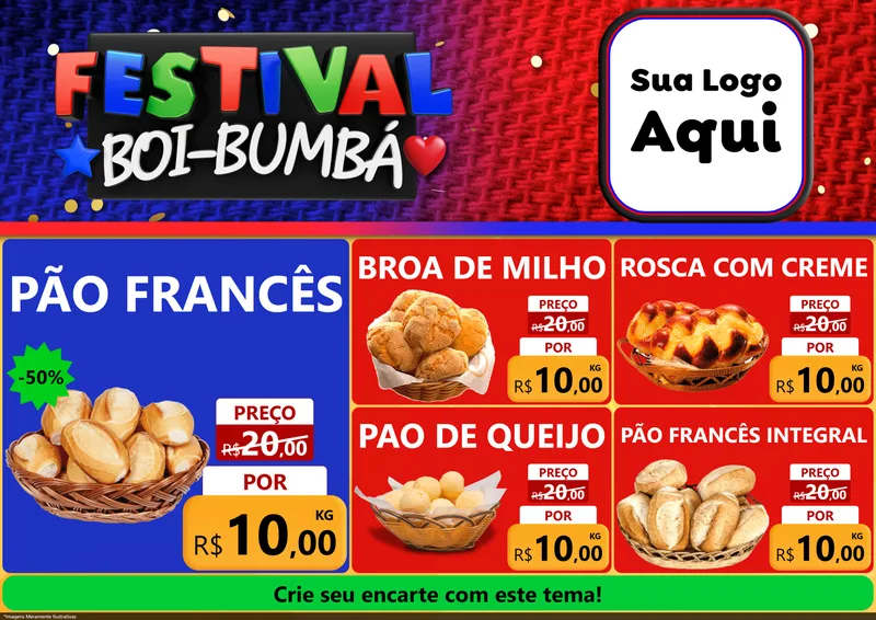 Modelo de Encarte para Encarte A4 Horizontal com o tema Festival Boi-Bumbá para Padaria
