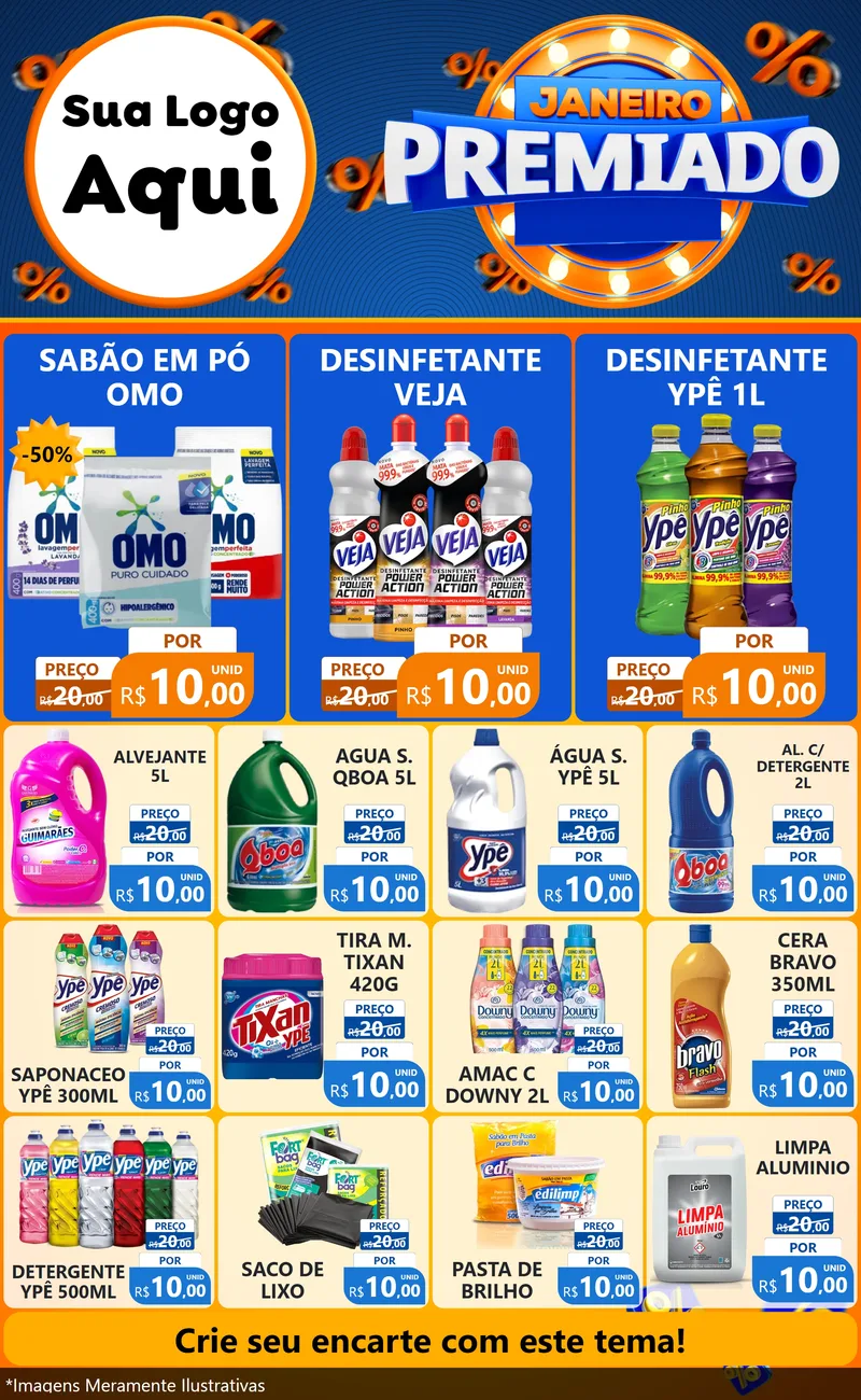Modelo de Encarte para Encarte Grande com o tema Janeiro Premiado para Produtos de Limpeza