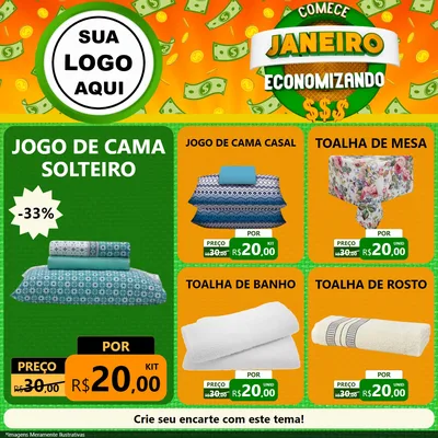 Modelo de Rede Social para Feed Facebook com o tema Comece Janeiro Economizando para Cama, Mesa e Banho
