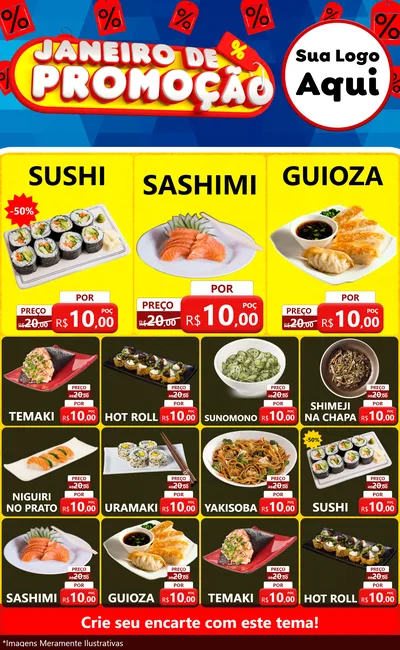 Modelo de Encarte para Encarte Grande com o tema Janeiro de Promoção para Comida japonesa