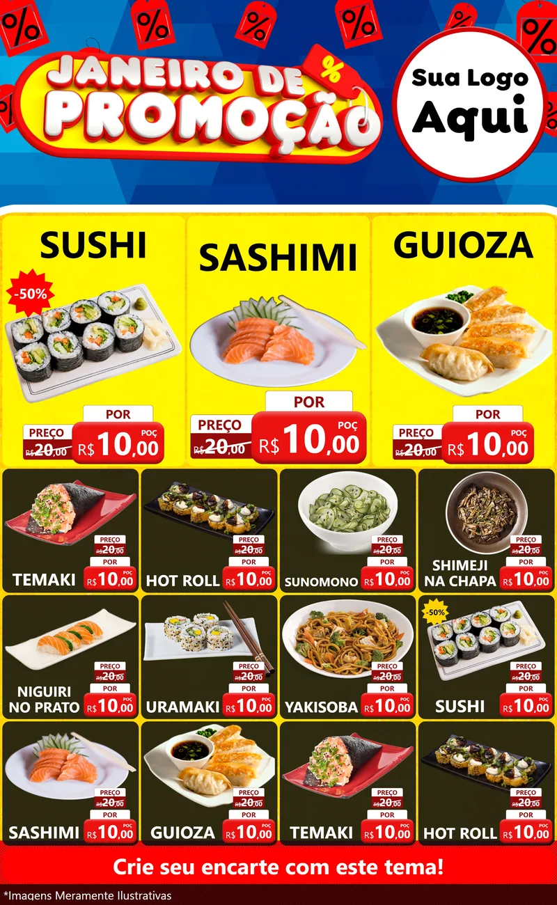 Modelo de Encarte para Encarte Grande com o tema Janeiro de Promoção para Comida japonesa