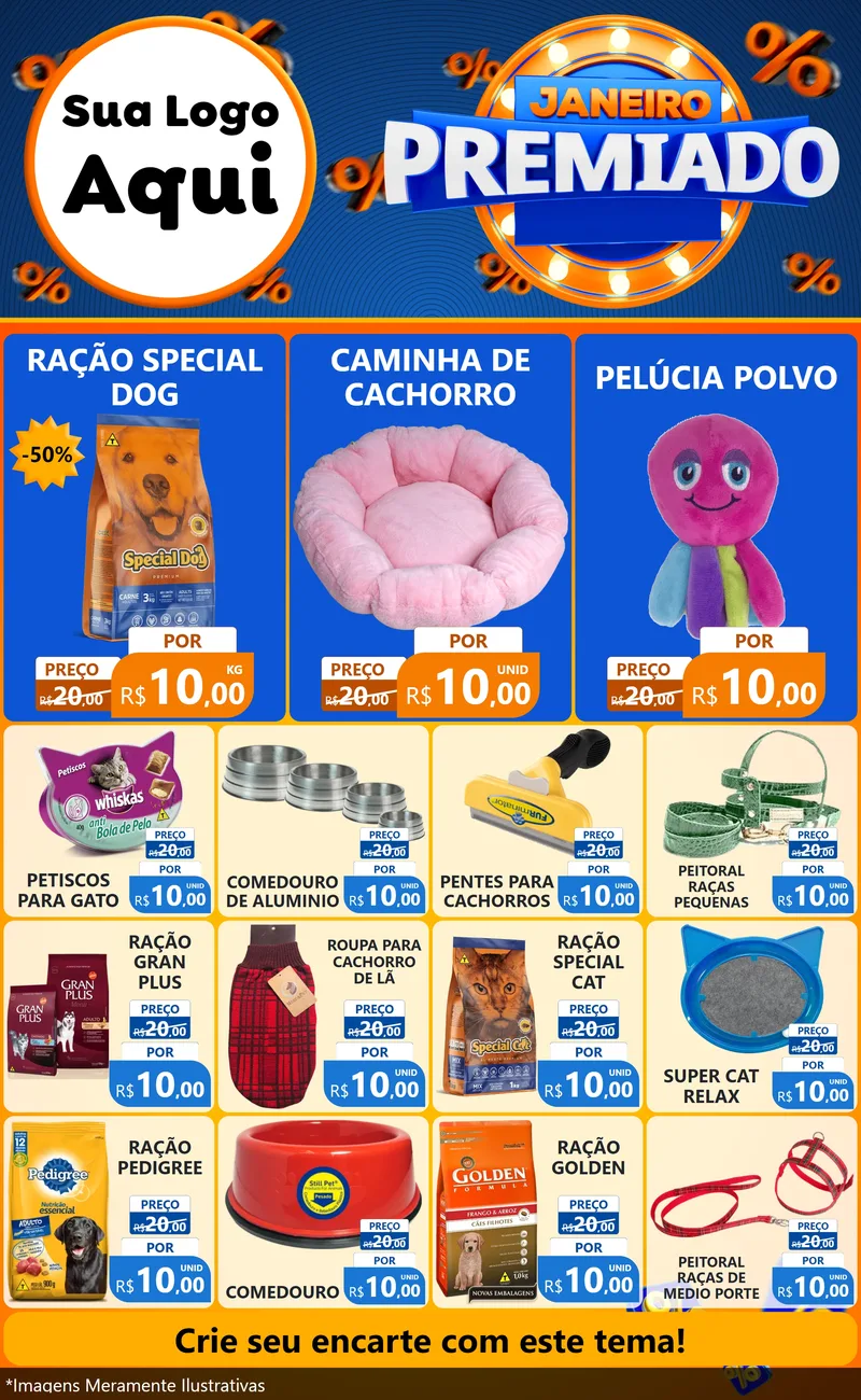 Modelo de Encarte para Encarte Grande com o tema Janeiro Premiado para Pet Shop