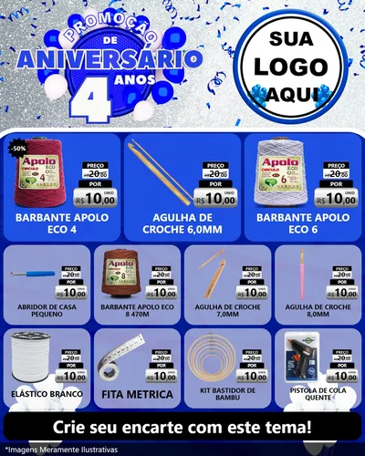 Modelo de Rede Social para Feed Instagram com o tema Promoção de Aniversário - 4 Anos para Armarinho e Aviamentos