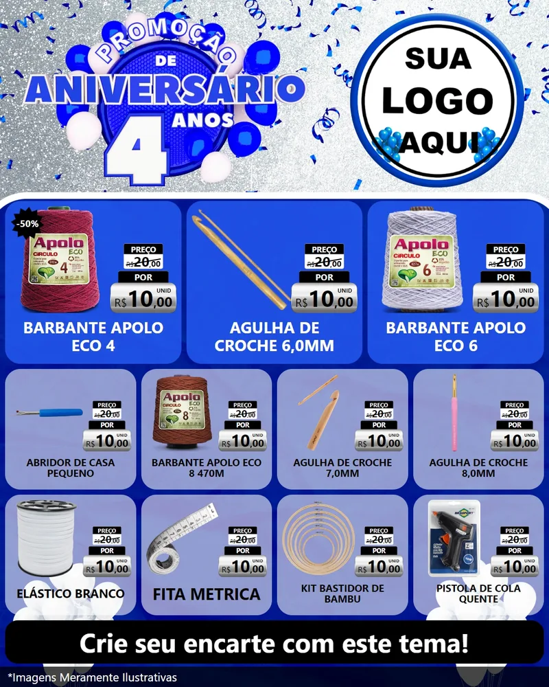 Modelo de Rede Social para Feed Instagram com o tema Promoção de Aniversário - 4 Anos para Armarinho e Aviamentos