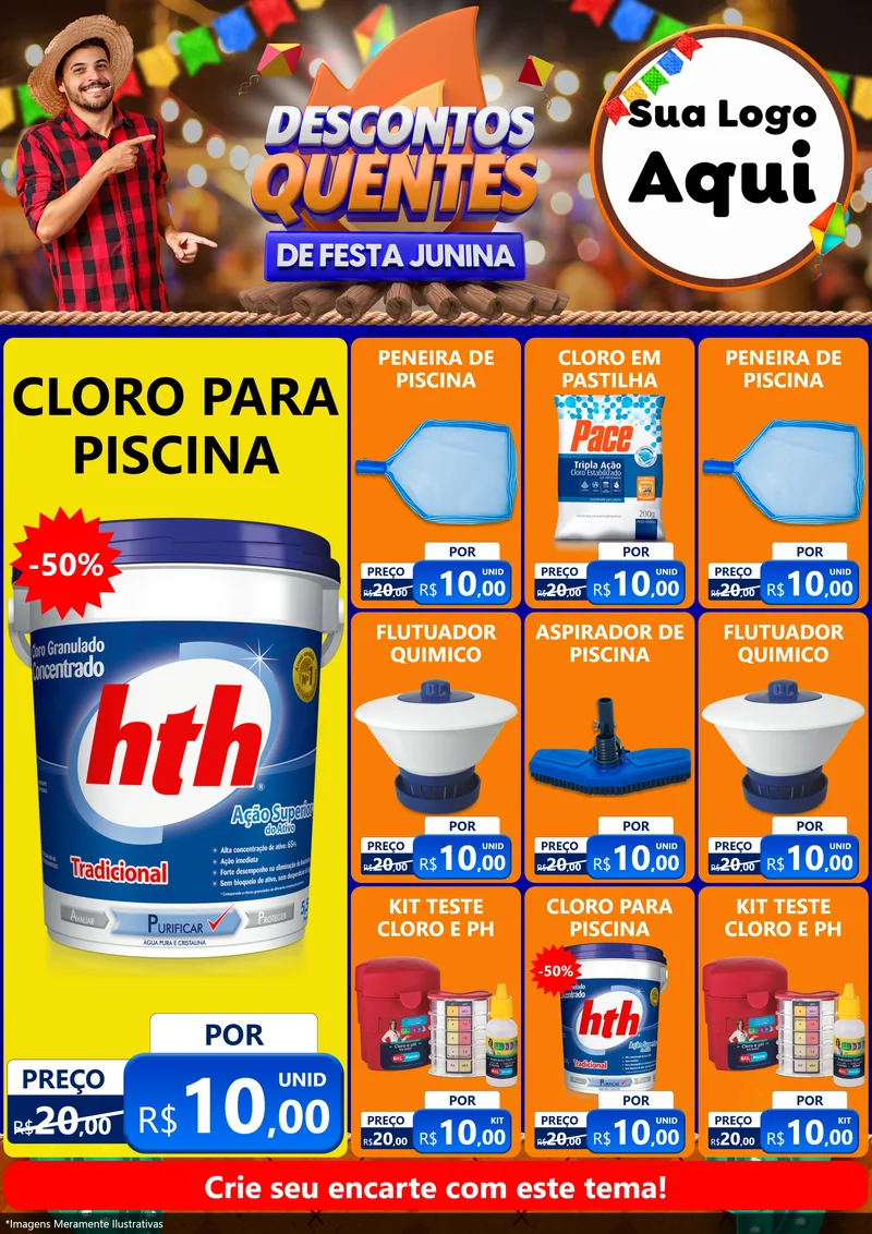 Modelo de Encarte para Encarte A4 Vertical com o tema Descontos Quentes de Festa Junina para Produtos para Piscina