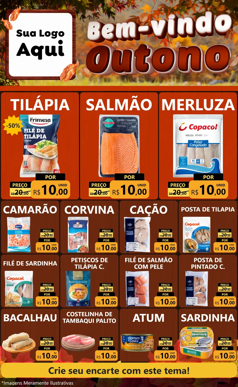 Modelo de Encarte para Encarte Grande com o tema Bem-vindo Outono para Peixaria