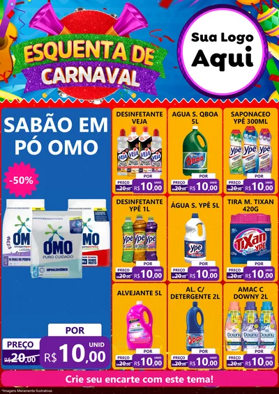 Modelo de Encarte para Encarte A4 Vertical com o tema Esquenta de Carnaval para Produtos de Limpeza