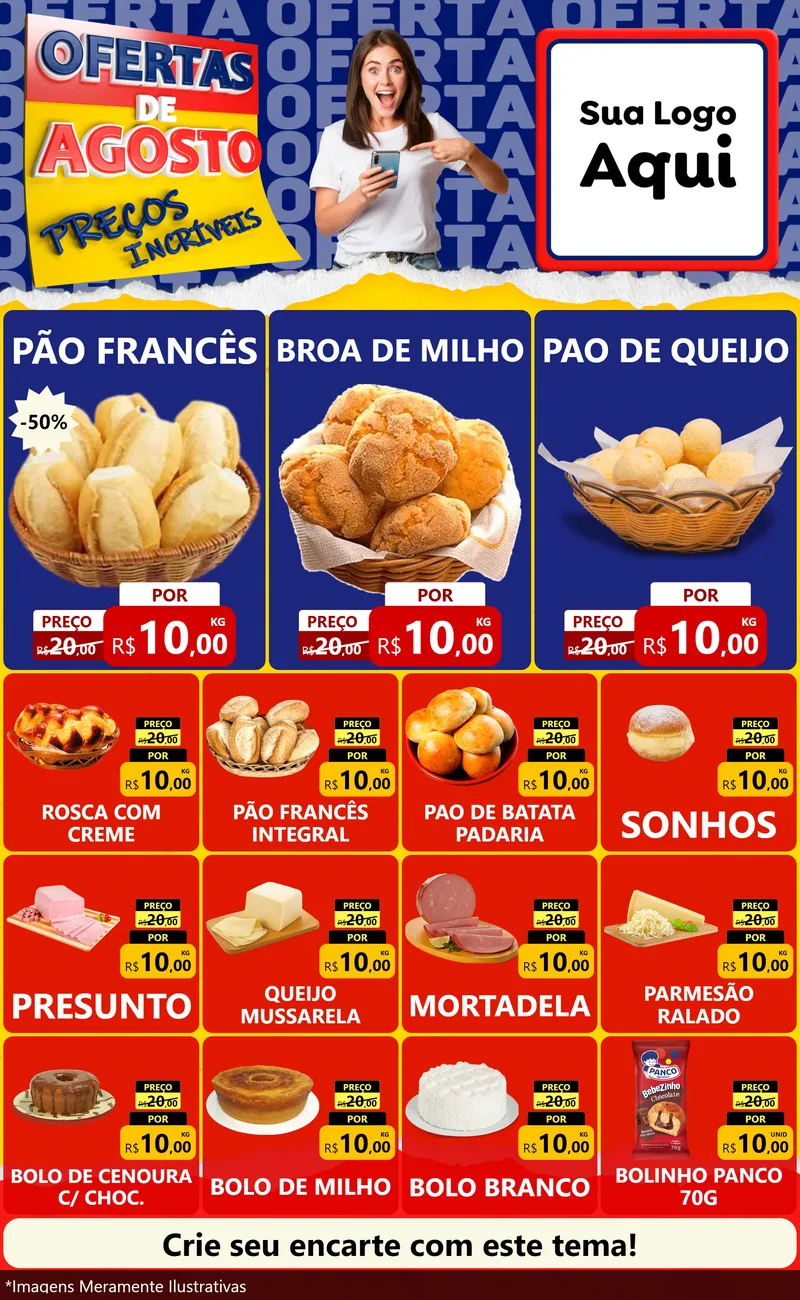 Modelo de Encarte para Encarte Grande com o tema Ofertas de Agosto - Preços Incríveis para Padaria