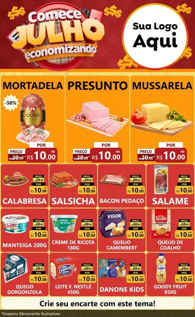 Modelo de Encarte para Encarte Grande com o tema Comece Julho Economizando para Frios e Laticínios