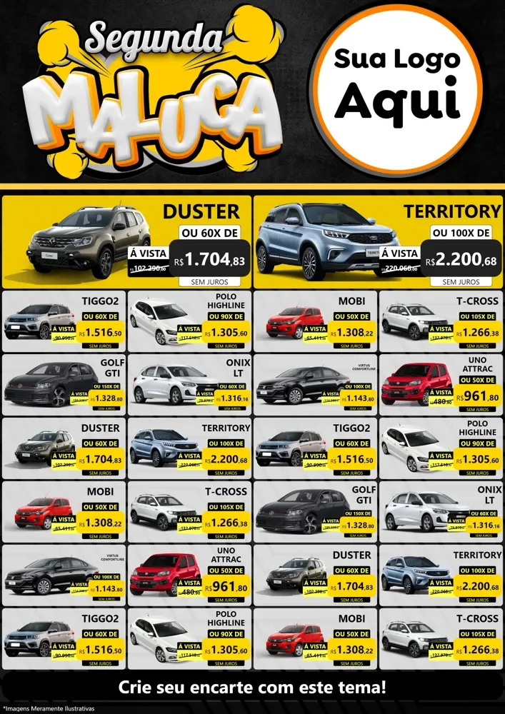 Modelo de Encarte para Encarte A4 Vertical com o tema Segunda Maluca para Concessionaria de Carros