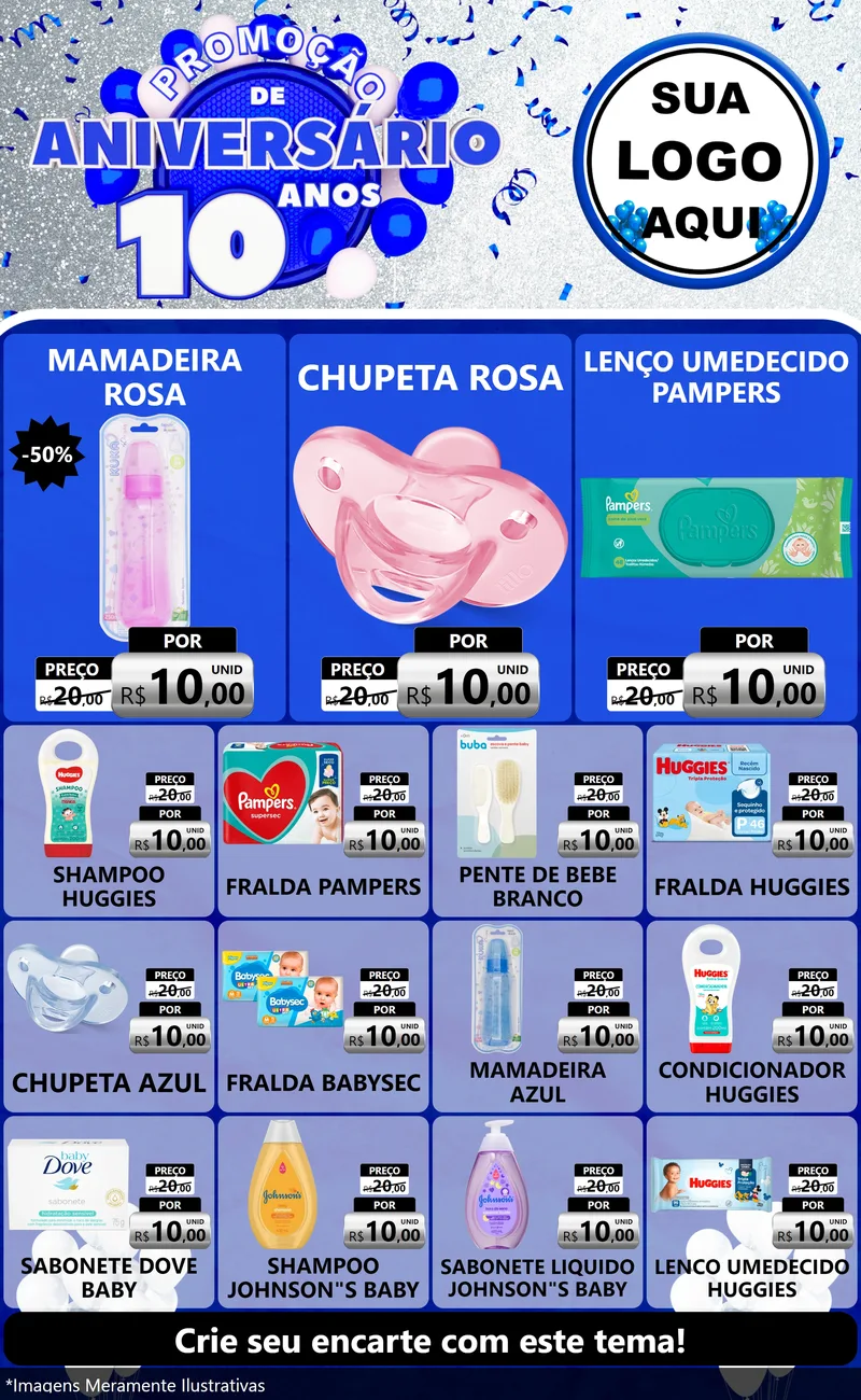 Modelo de Encarte para Encarte Grande com o tema Promoção de Aniversário - 10 Anos para Bebês