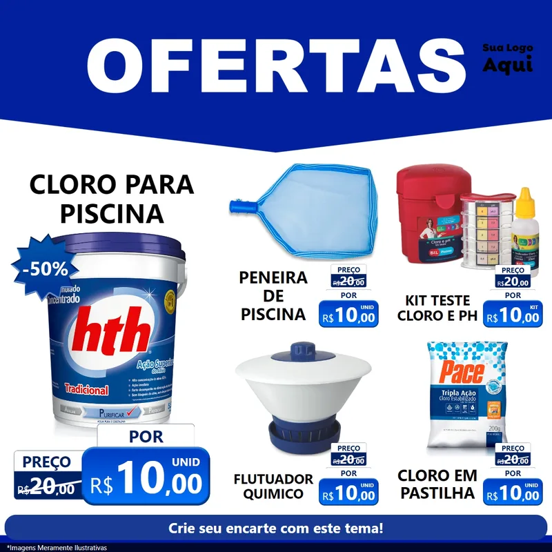Modelo de Rede Social para Feed Facebook com o tema Ofertas Azul Cartaz para Produtos para Piscina