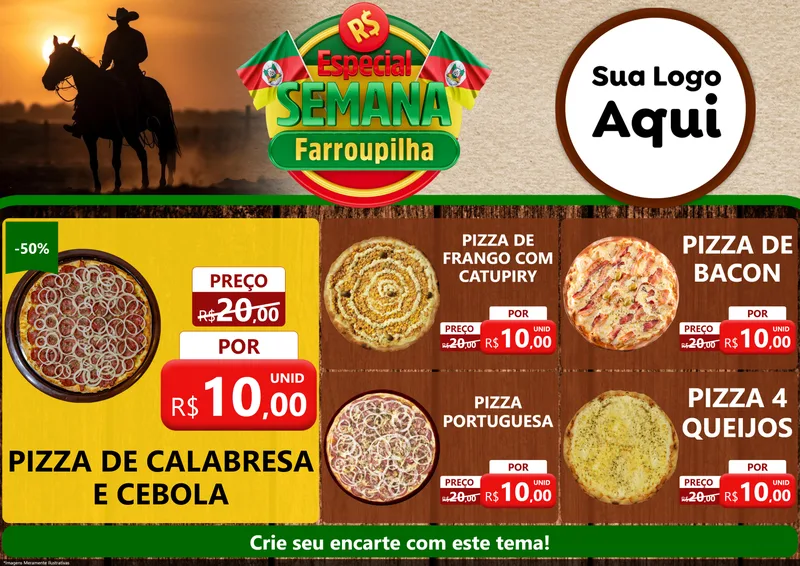 Modelo de Encarte para Encarte A4 Horizontal com o tema Especial Semana Farroupilha para Pizzaria