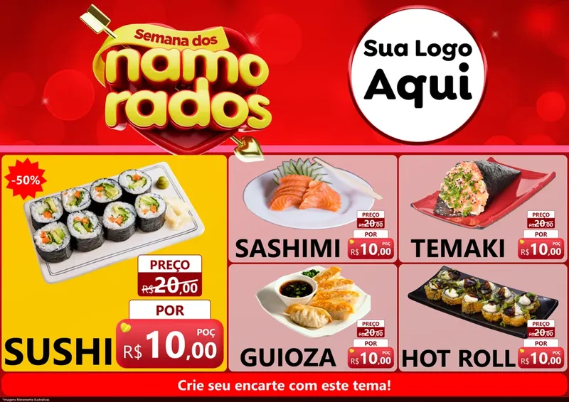 Modelo de Encarte para Encarte A4 Horizontal com o tema Semana dos namorados para Comida japonesa