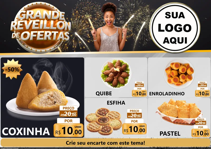 Modelo de Encarte para Encarte A4 Horizontal com o tema Grande Réveillon de Ofertas para Salgadaria