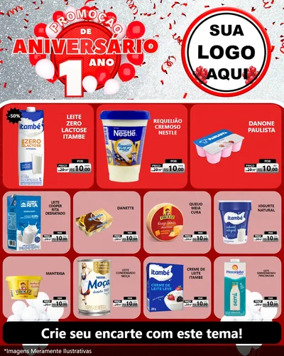 Modelo de Rede Social para Feed Instagram com o tema Promoção de Aniversário - 1 Ano para Frios e Laticínios
