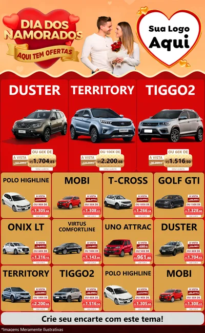 Modelo de Encarte para Encarte Grande com o tema Dia dos Namorados - Aqui Tem Ofertas para Concessionaria de Carros