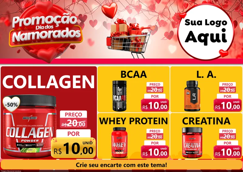 Modelo de Encarte para Encarte A4 Horizontal com o tema Promoção Dia dos Namorados para Suplementos alimentares