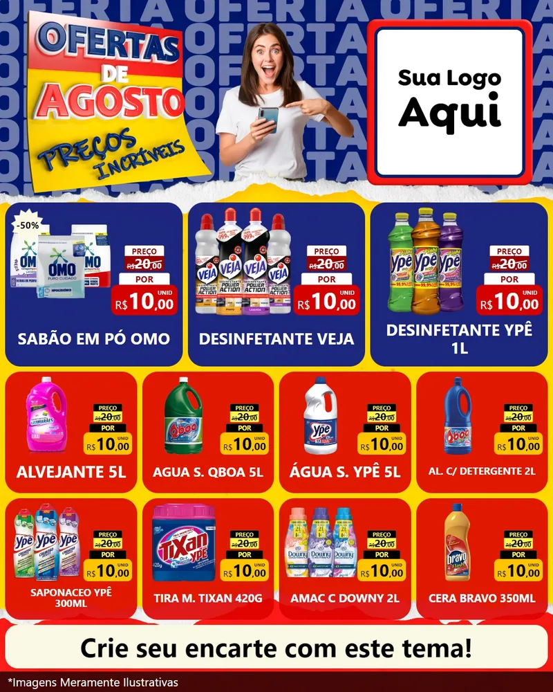 Modelo de Rede Social para Feed Instagram com o tema Ofertas de Agosto - Preços Incríveis para Produtos de Limpeza
