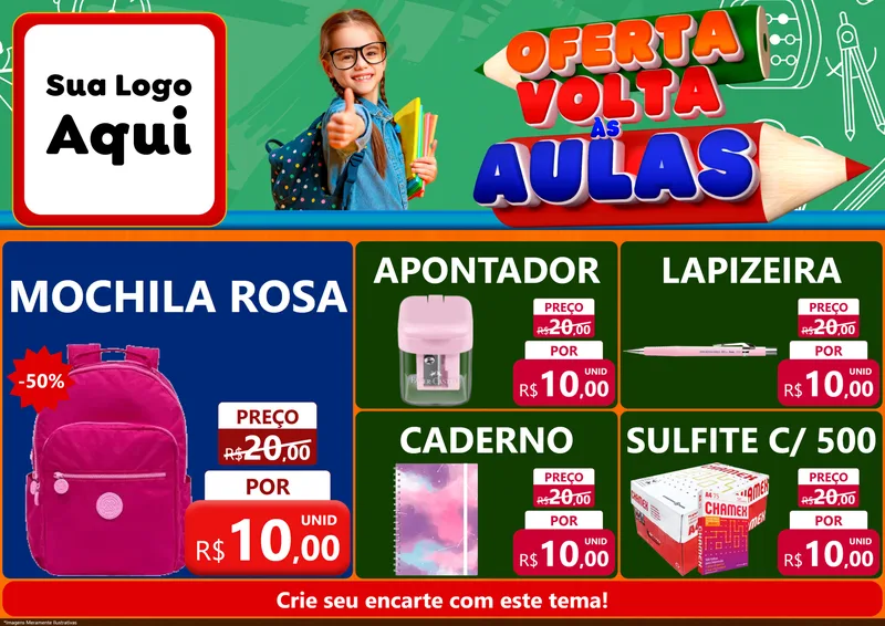 Modelo de Encarte para Encarte A4 Horizontal com o tema Oferta Volta Às Aulas para Papelaria