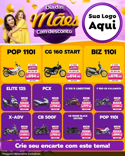 Modelo de Rede Social para Feed Instagram com o tema Dia das Mães com Desconto para Concessionaria de Motos