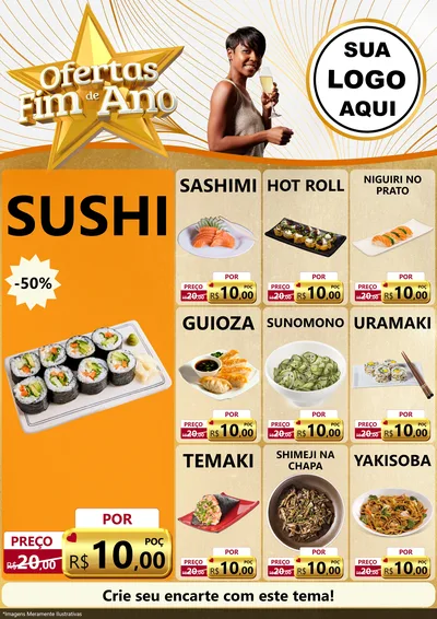 Modelo de Encarte para Encarte A4 Vertical com o tema Ofertas Fim de Ano para Comida japonesa