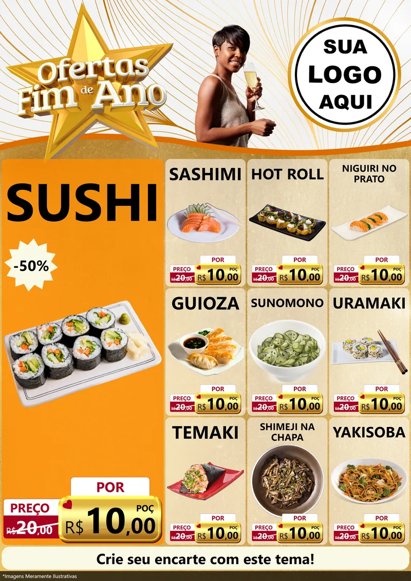 Modelo de Encarte para Encarte A4 Vertical com o tema Ofertas Fim de Ano para Comida japonesa