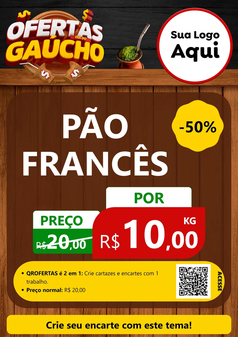 Modelo de Cartaz para Cartaz A4 Vertical com o tema Ofertas Dia do Gaúcho para Padaria