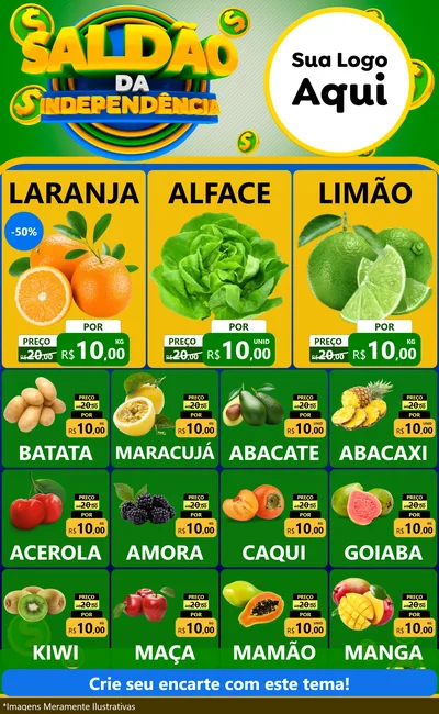 Modelo de Encarte para Encarte Grande com o tema Saldão da Indepêndencia para Hortifrúti
